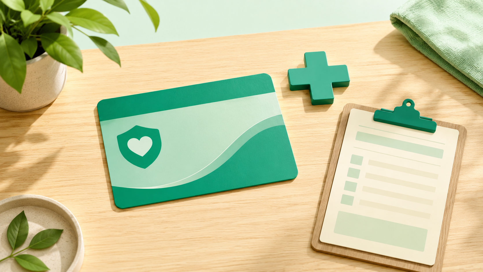 An Italian health insurance card beside a simple medical cross symbol and a registration form on a wooden desk