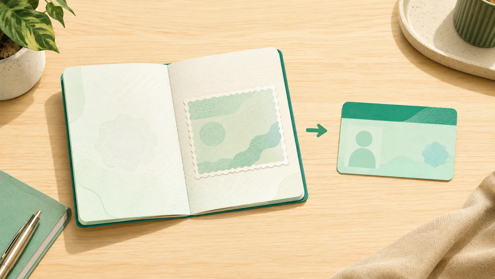 A passport with a visa page on one side and an Italian residence permit card on the other, shown as two separate steps