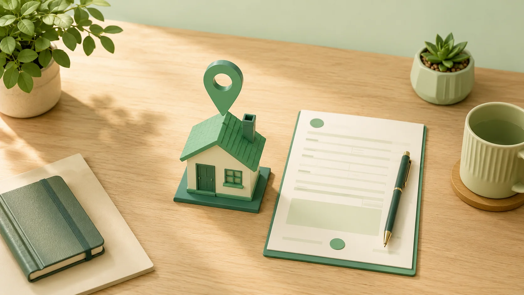 A small house, a location pin, and a registration form arranged on a wooden desk