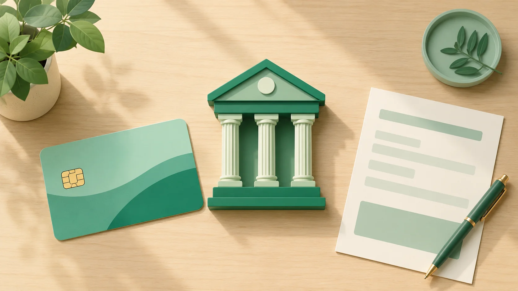A bank card beside a simple bank building icon and an account form on a wooden desk