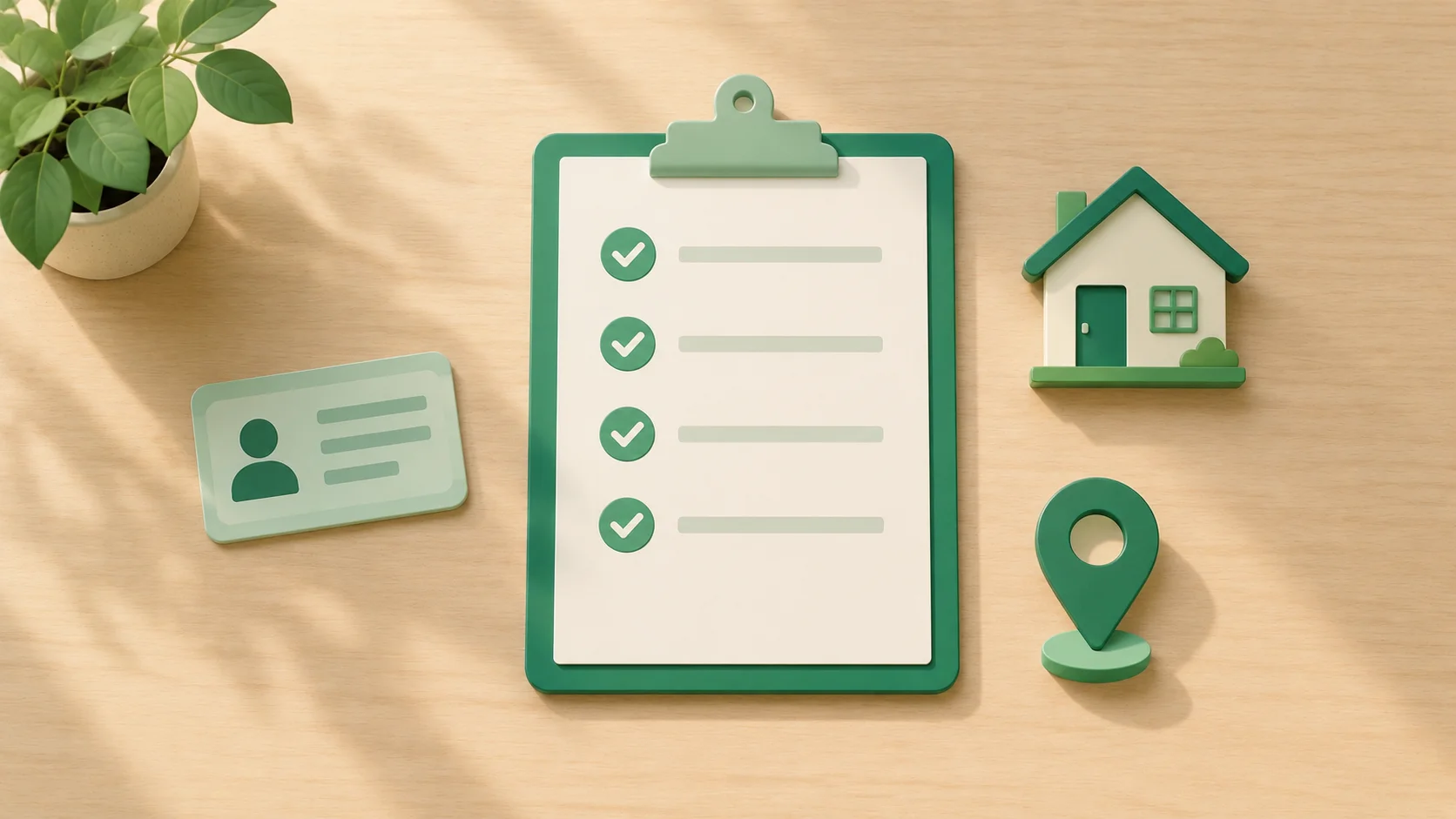 A checklist with green checkmarks beside a few small document and card icons on a wooden desk