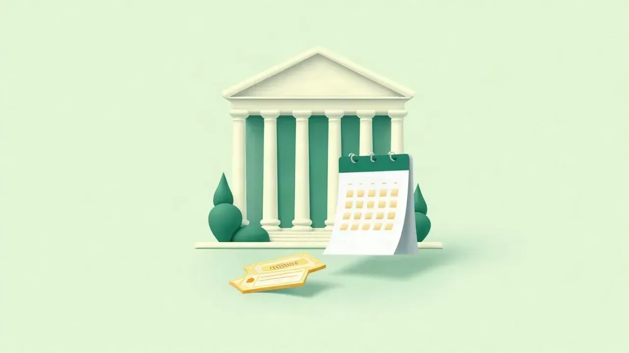 Flat illustration of a calendar and a green ticket in front of a government building