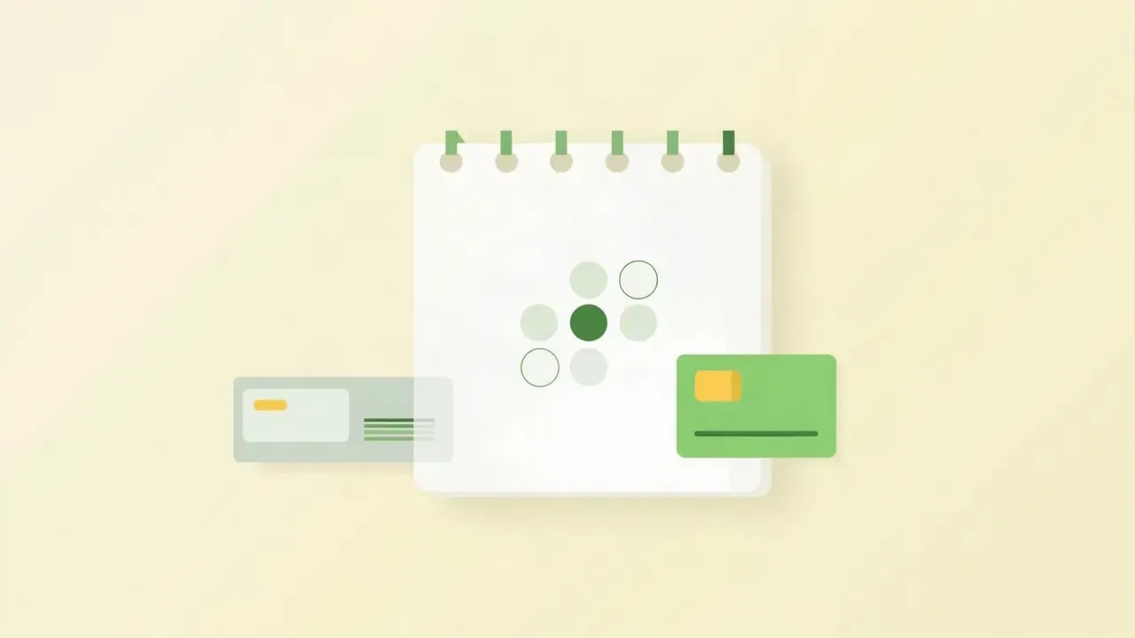 Flat illustration of a calendar with three marked dates next to a green residence permit card and a post-office receipt